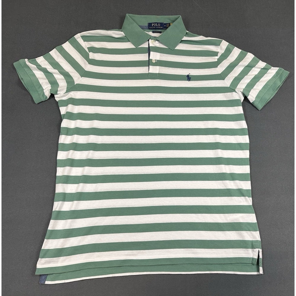 Polo Ralph Lauren Polo Shirt Mens Medium Green White Striped Classic Fit Cotton
